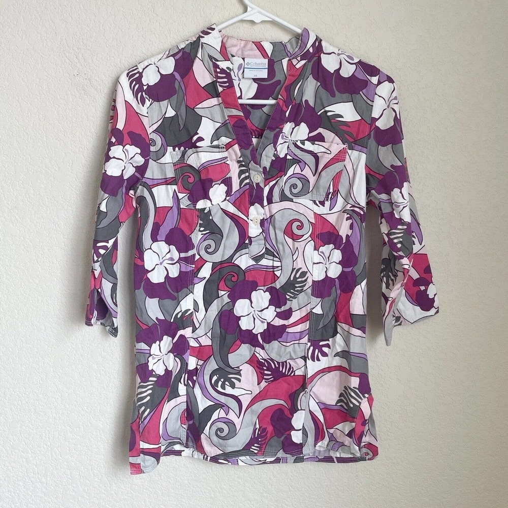 Columbia Blouse Womens Extra Small Purple Floral Outdoor Viscose Spring Casual